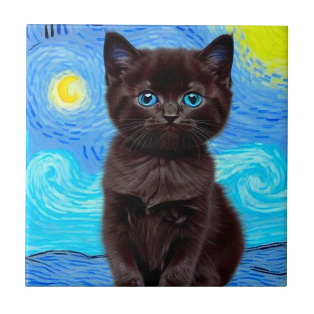 Van Gogh Starry Night Black Cat Tile (Front)