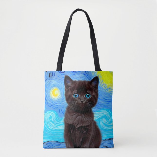 Van Gogh Starry Night Black Cat Tote Bag (Front)