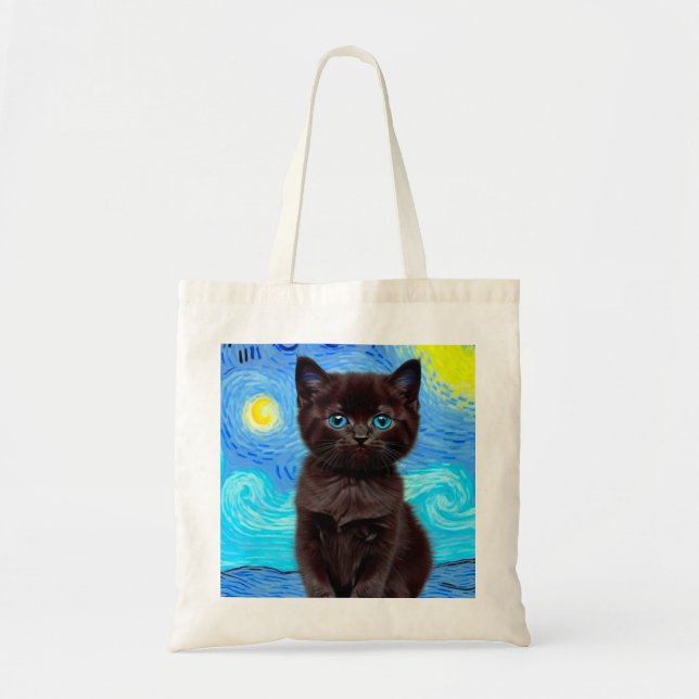 Van Gogh Starry Night Black Cat Tote Bag (Front)