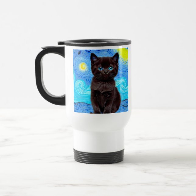 Van Gogh Starry Night Black Cat Travel Mug (Left)