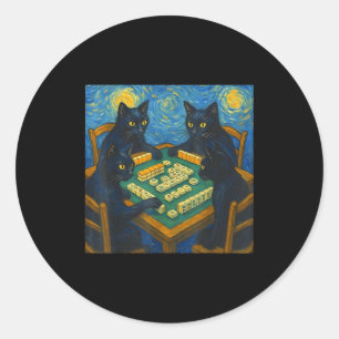 Van gogh starry night cat playing mahjong chinese classic round sticker