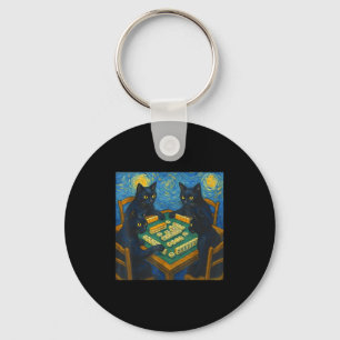 Van gogh starry night cat playing mahjong chinese key ring