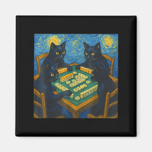 Van gogh starry night cat playing mahjong chinese magnet