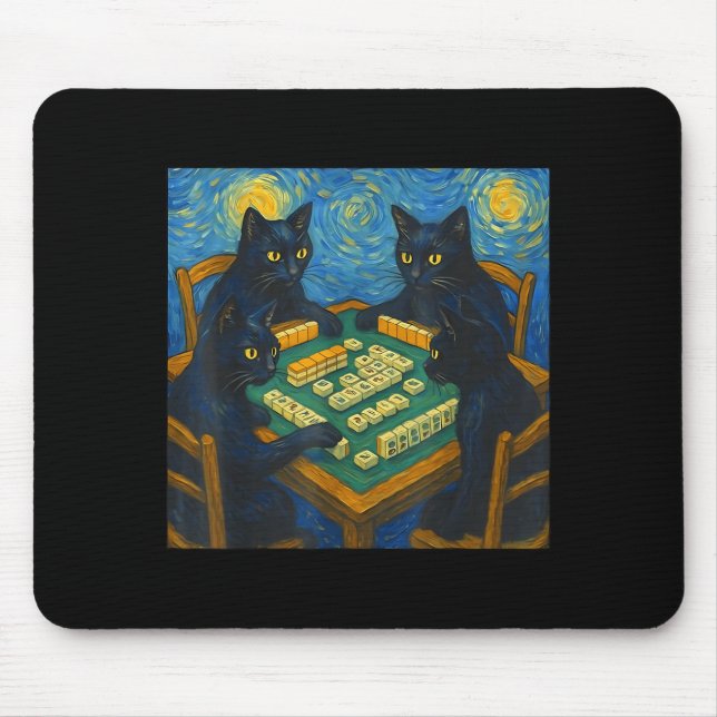 Van gogh starry night cat playing mahjong chinese mouse pad (Front)