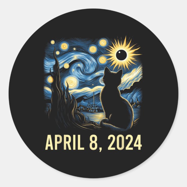 Van Gogh Starry Night Cat Total Solar Eclipse Apri Classic Round Sticker (Front)