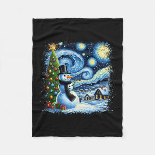 Van Gogh Starry Night Christmas Snowman Snowy Nigh Fleece Blanket