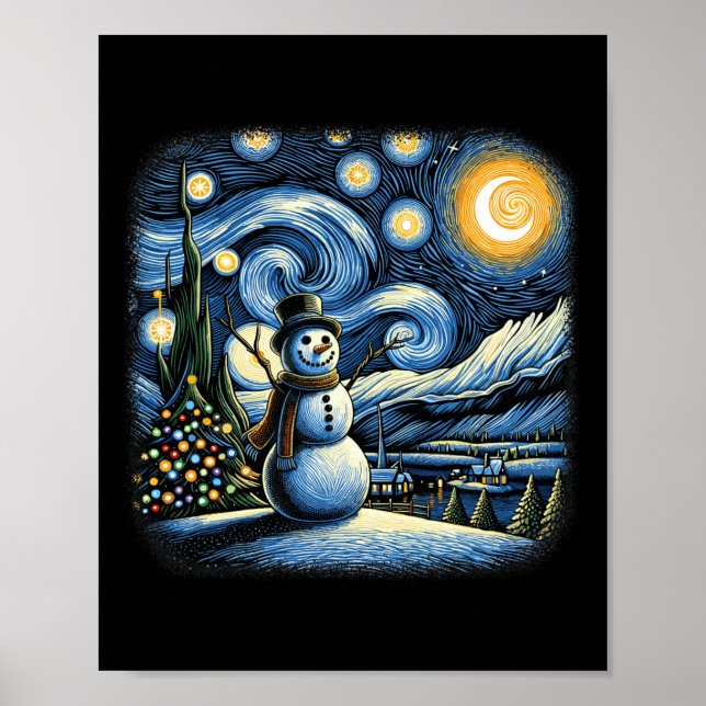 Van Gogh Starry Night Christmas Snowman Winter Sno Poster (Front)