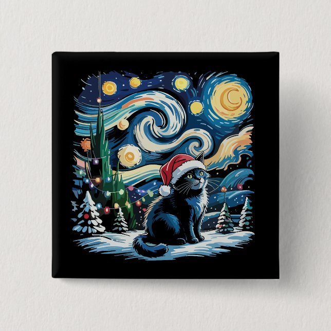 Van Gogh Starry Night Festive Christmas Black Cat  15 Cm Square Badge (Front)