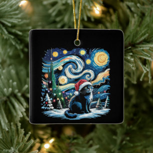 Van Gogh Starry Night Festive Christmas Black Cat Ceramic Ornament