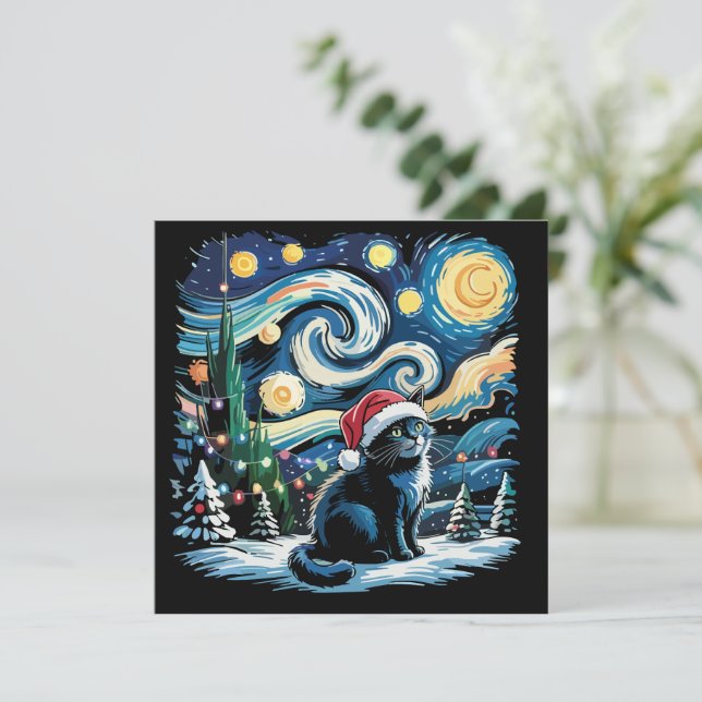Van Gogh Starry Night Festive Christmas Black Cat  Holiday Card (Standing Front)