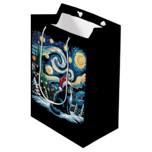 Van Gogh Starry Night Festive Christmas Black Cat  Medium Gift Bag