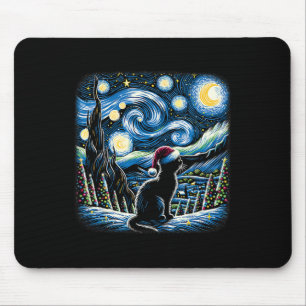 Van Gogh Starry Night Festive Christmas Black Cat  Mouse Pad