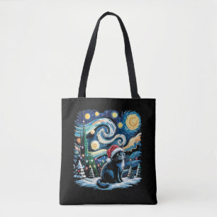 Van Gogh Starry Night Festive Christmas Black Cat Tote Bag