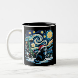 Van Gogh Starry Night Festive Christmas Black Cat  Two-Tone Coffee Mug
