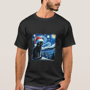 Van Gogh Starry Night Festive Christmas Black Cats T-Shirt