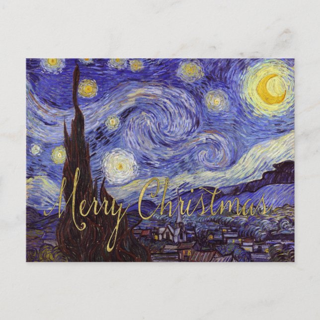 Van Gogh Starry Night Merry Christmas Gold Art Holiday Postcard (Front)