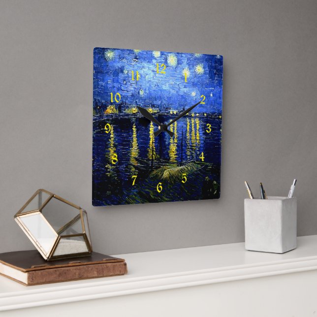 Van Gogh, Starry Night over Rhone, Square Wall Clock (Office)