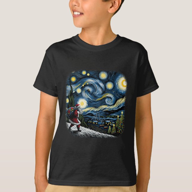 Van Gogh Starry Night Santa Christmas Winter Snowy T-Shirt (Front)