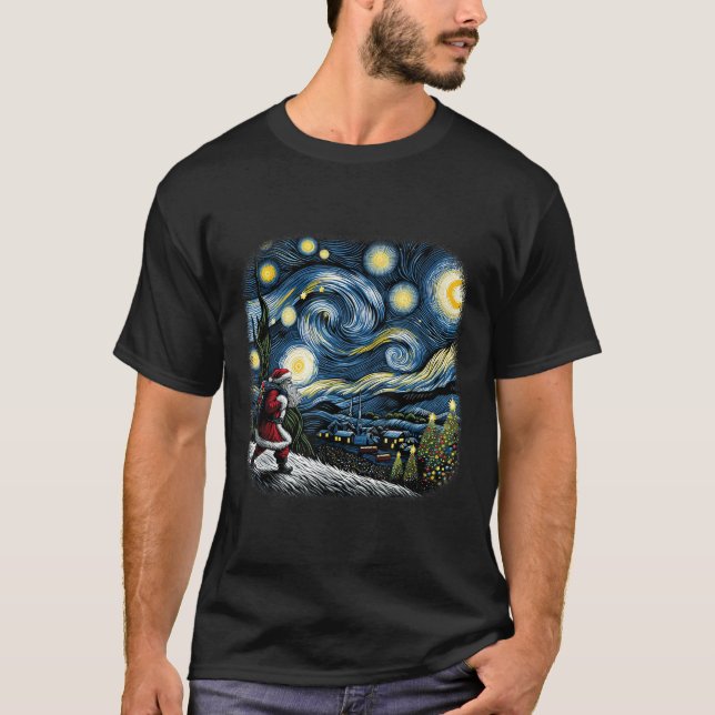 Van Gogh Starry Night Santa Christmas Winter Snowy T-Shirt (Front)