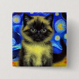 Van Gogh Starry Night Siamese Cat 15 Cm Square Badge