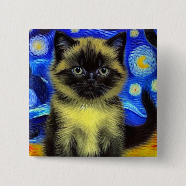 Van Gogh Starry Night Siamese Cat 15 Cm Square Badge (Front)