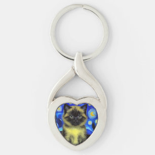 Van Gogh Starry Night Siamese Cat Key Ring