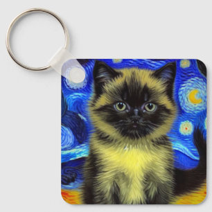 Van Gogh Starry Night Siamese Cat Key Ring
