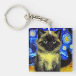 Van Gogh Starry Night Siamese Cat Key Ring