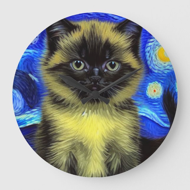 Van Gogh Starry Night Siamese Cat Large Clock (Front)