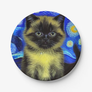 Van Gogh Starry Night Siamese Cat Paper Plate