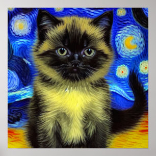 Van Gogh Starry Night Siamese Cat Poster
