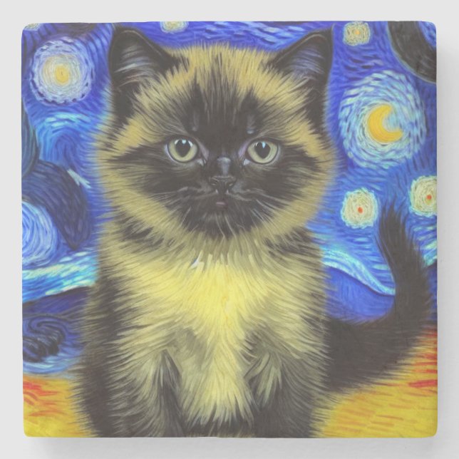 Van Gogh Starry Night Siamese Cat Stone Coaster (Front)