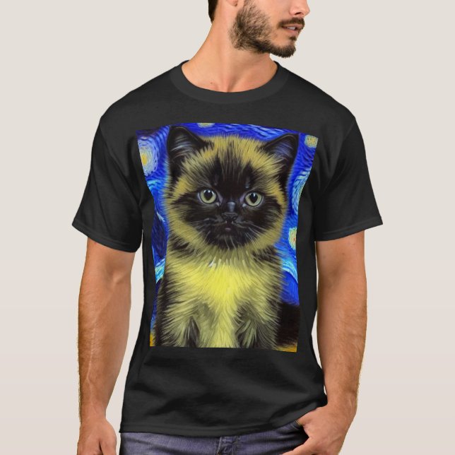 Van Gogh Starry Night Siamese Cat T-Shirt (Front)