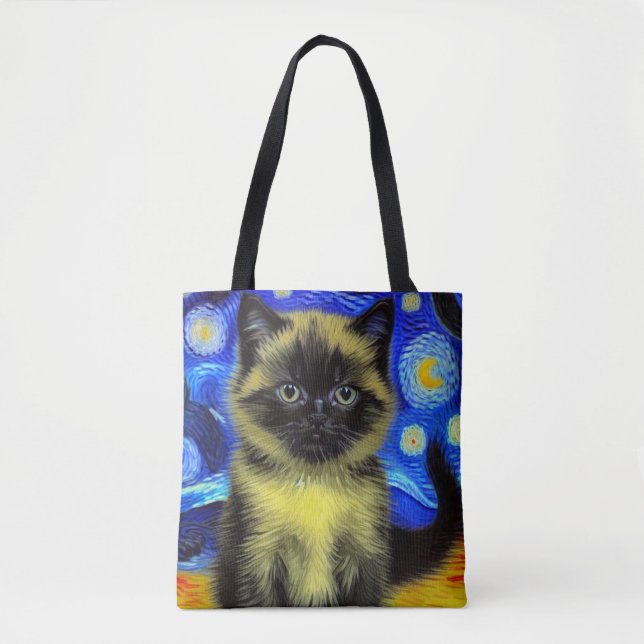Van Gogh Starry Night Siamese Cat Tote Bag (Front)