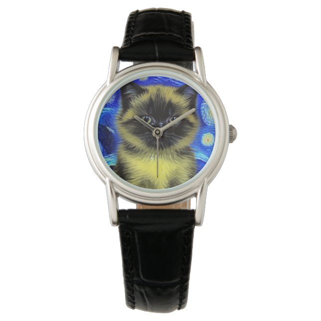 Van Gogh Starry Night Siamese Cat Watch (Front)