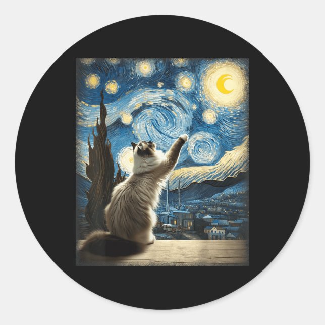 Van Gogh Starry Night Style Artistic Ragdoll Cat  Classic Round Sticker (Front)