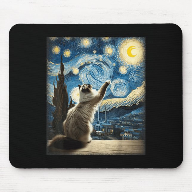 Van Gogh Starry Night Style Artistic Ragdoll Cat  Mouse Pad (Front)