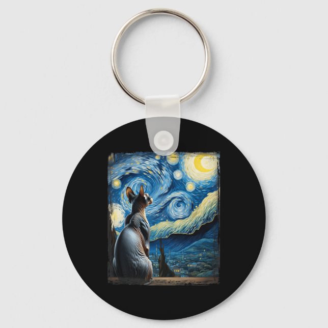 Van Gogh Starry Night Style Artistic Sphynx Cat  Key Ring (Front)