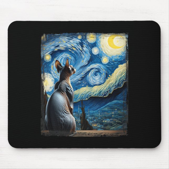 Van Gogh Starry Night Style Artistic Sphynx Cat  Mouse Pad (Front)
