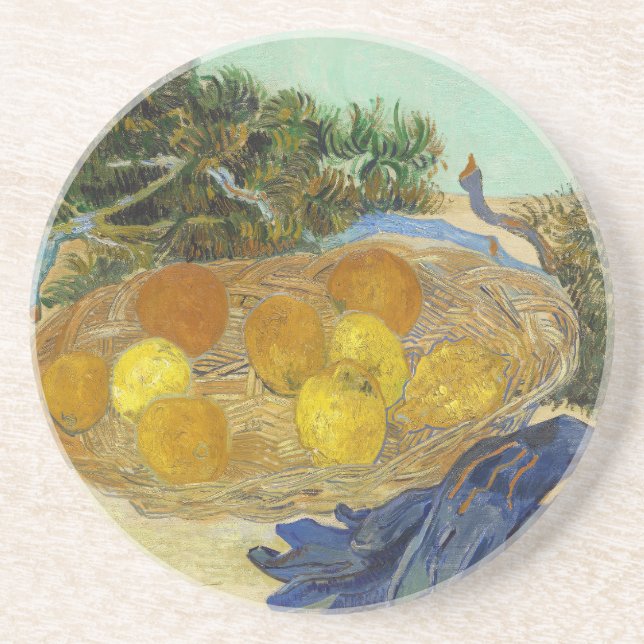 Van Gogh Still Life of Oranges Lemons Blue Gloves Coaster (Front)
