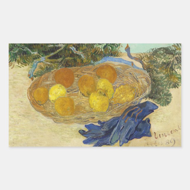 Van Gogh Still Life of Oranges Lemons Blue Gloves Rectangular Sticker (Front)