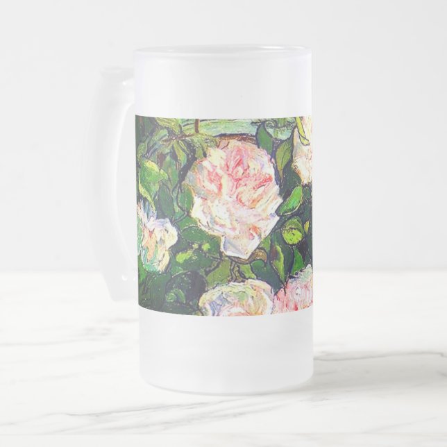 Van Gogh Still Life with Pink Roses Frosted Glass Beer Mug (Front Left)