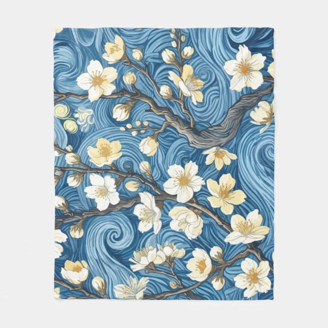 Van Gogh Style Almond Blossoms Fleece Blanket (Front)