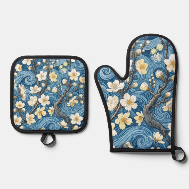 Van Gogh Style Almond Blossoms Oven Mitt & Pot Holder Set (Front)