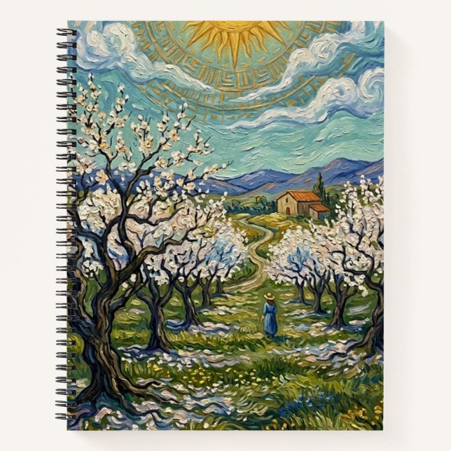 Van Gogh Style Almond Orchard Sunlit Spring Notebook (Front)