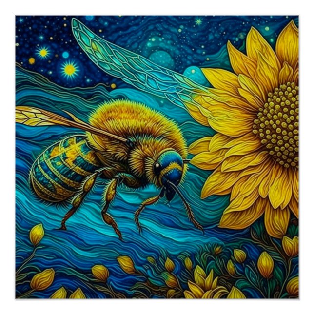 Van Gogh Style Bee & Sunflower Poster (Front)