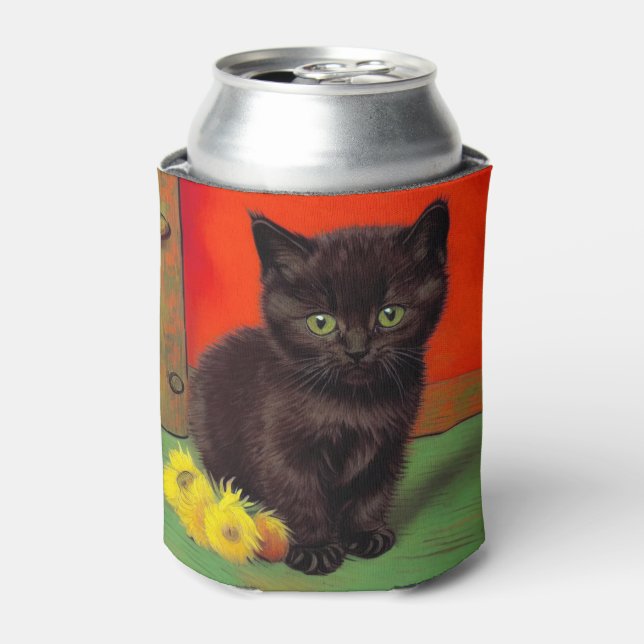 Van Gogh Style Black Cat Can Cooler (Can Front)