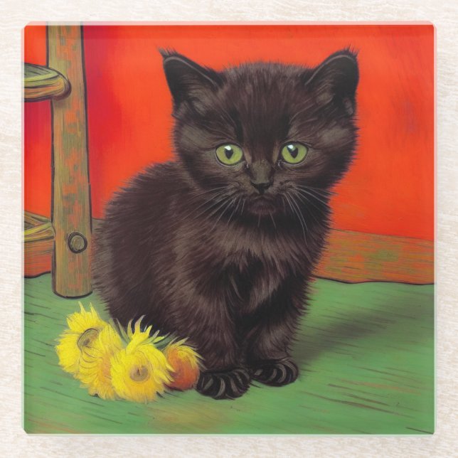 Van Gogh Style Black Cat Glass Coaster (Front)