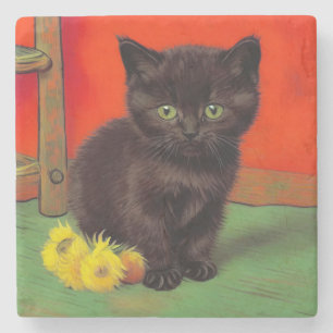 Van Gogh Style Black Cat Stone Coaster