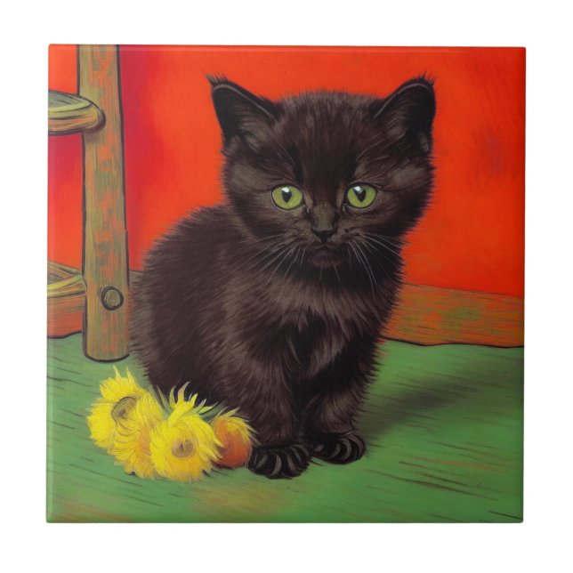 Van Gogh Style Black Cat Tile (Front)